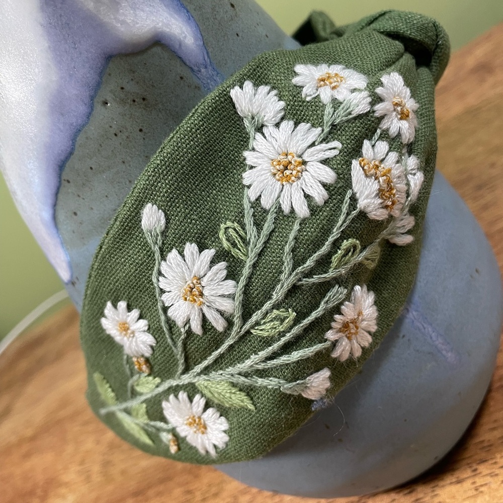 Green Headband with Floral Embroidery